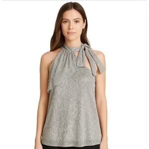 White House Black Market Silver Metallic Halter Top EUC Size Medium